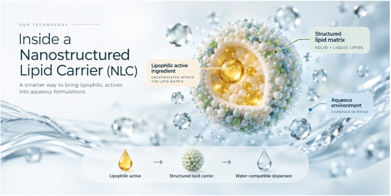 Cross-section of a Nanostructured Lipid Carrier: a lipophilic active ingredient encapsulated within a structured matrix of solid and liquid lipids, dispersed in an aqueous environment